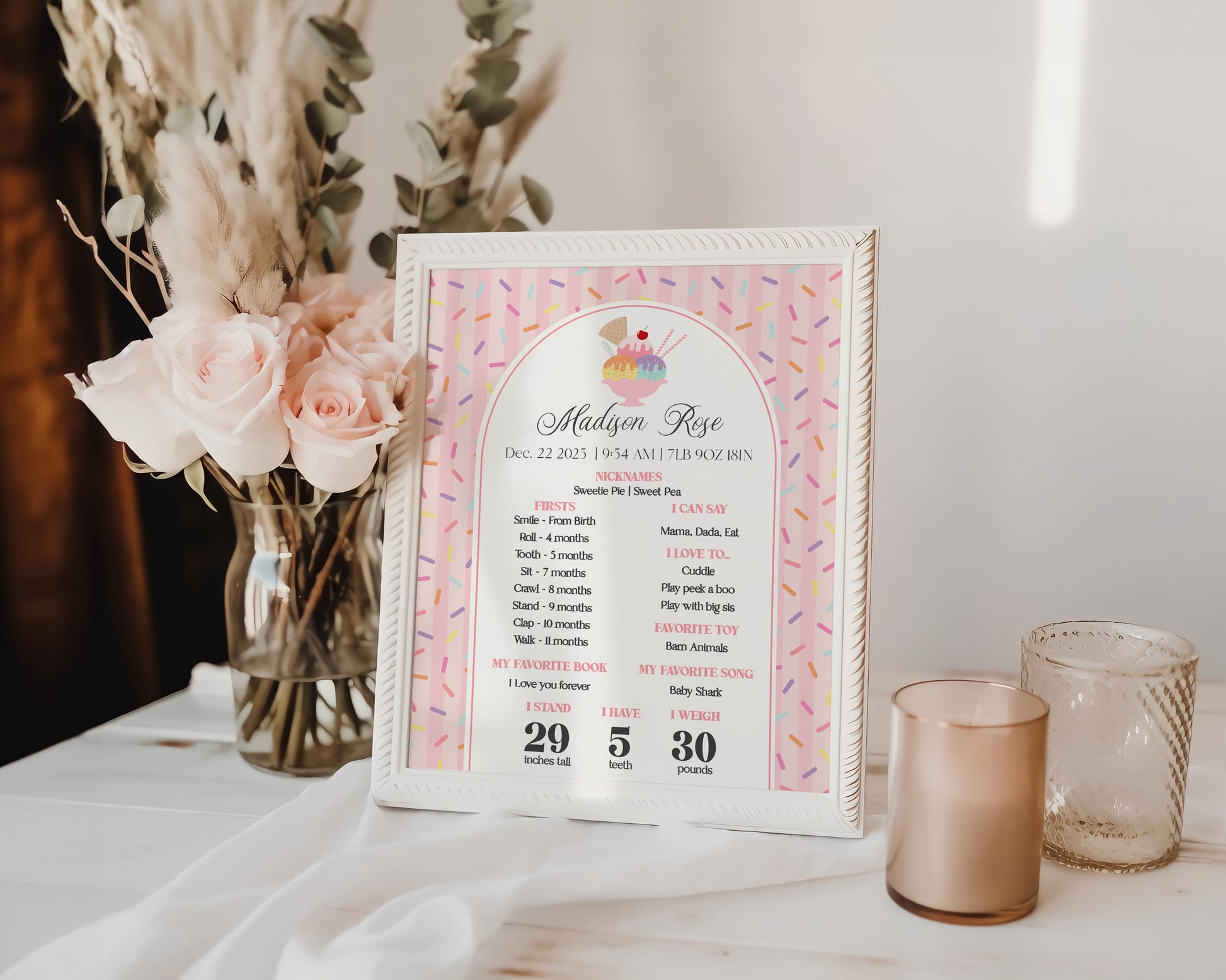 Ice Cream Sundae First Year Milestone Sign Printable Template, Sweet One First Birthday, Pastel Sprinkles Party Decor WP1073