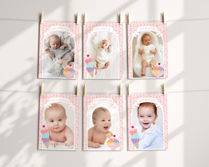 Ice Cream Sundae 1st Birthday Milestone Banner Template, Sweet One First Birthday, Pastel Sprinkles Party Decor WP1073