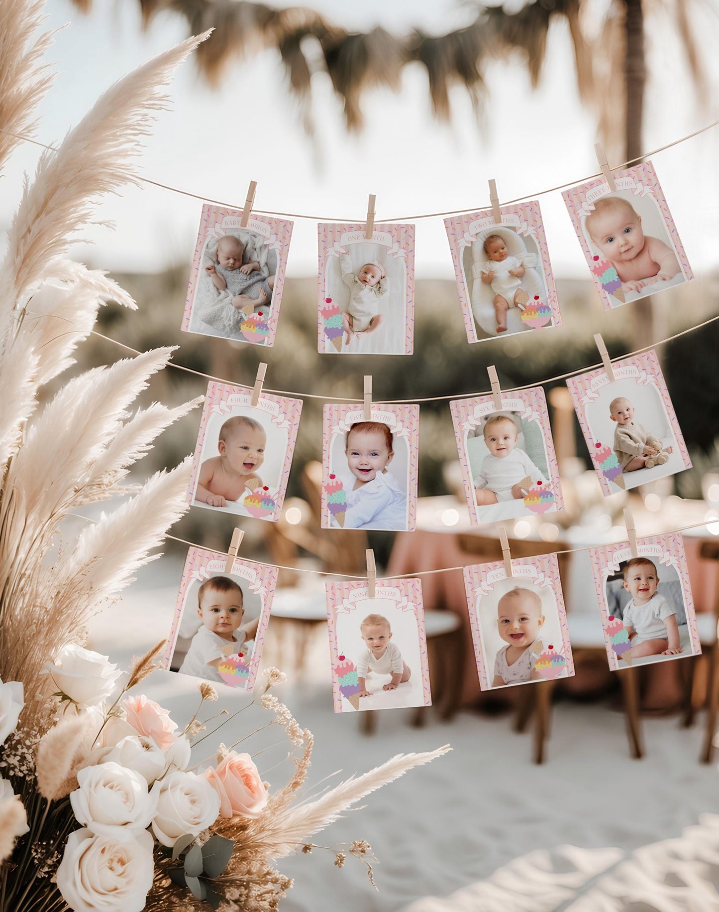 Ice Cream Sundae 1st Birthday Milestone Banner Template, Sweet One First Birthday, Pastel Sprinkles Party Decor WP1073