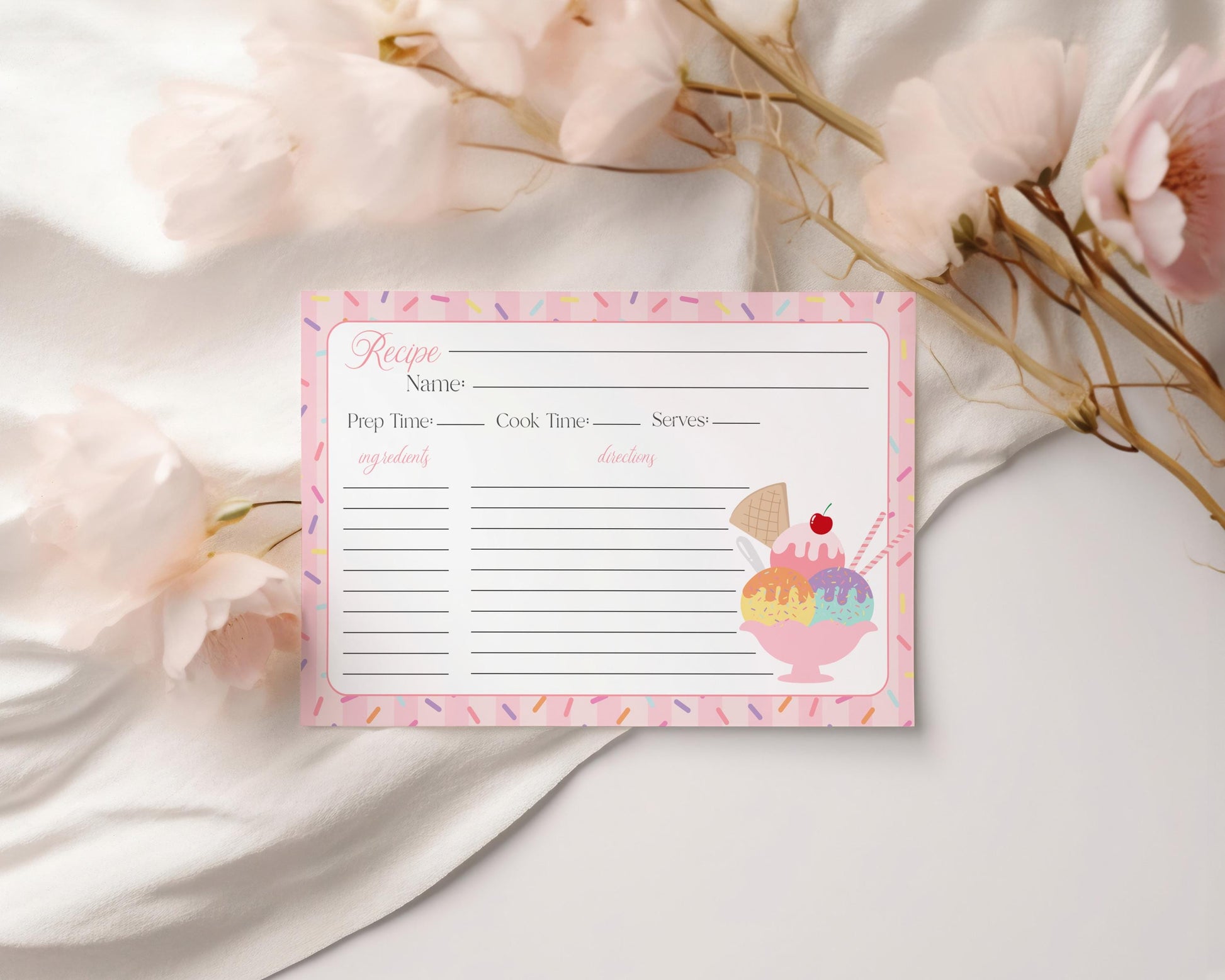 Ice Cream Sundae Recipe Card Bridal Shower Template, She’s Been Scooped Up Bridal Brunch, Pastel Sprinkle Engagement Party WP1073