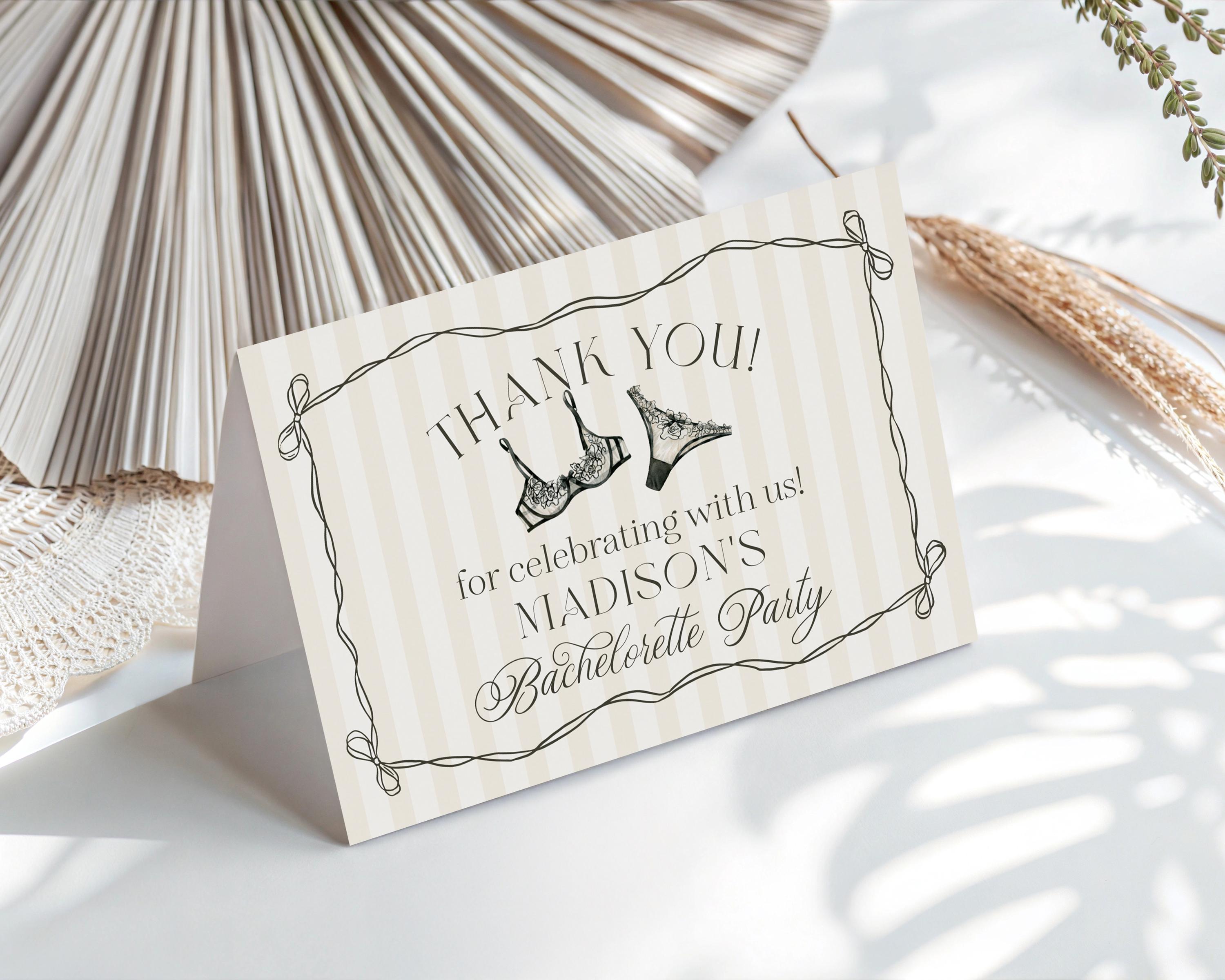 Black Lingerie Shower Thank You Card Template, Lace Panty Party Bachelorette Party, Oh la la French Theme Bridal Shower Spoil Her WP1074