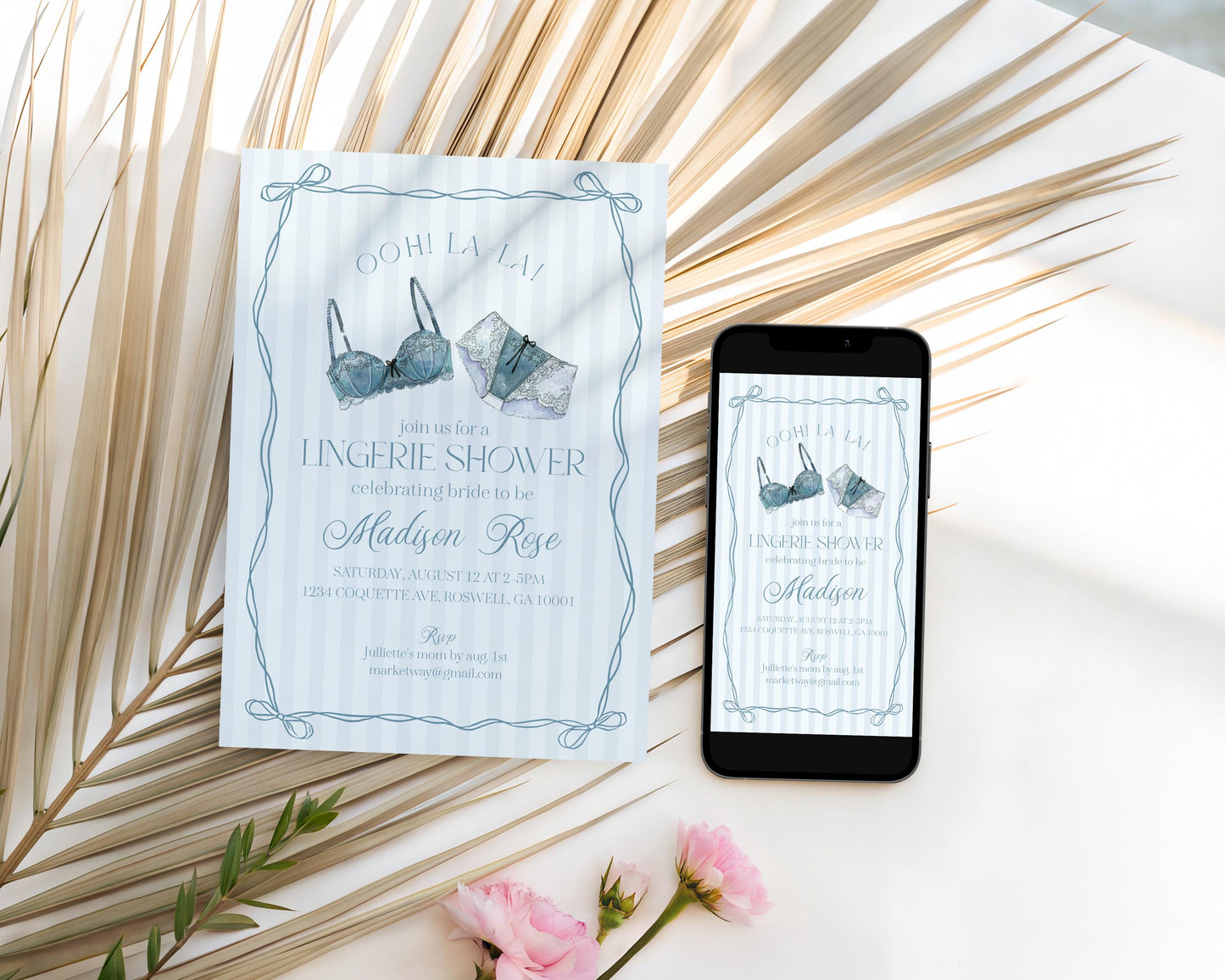 Blue Lingerie Shower Invitation Template, Something Blue Lace Panty Party Bachelorette Party, Oh la la French Bridal Shower WP1075