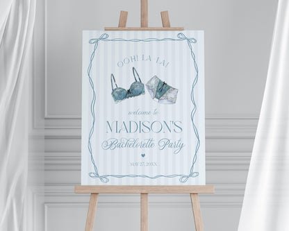 Blue Lingerie Bachelorette Party Welcome Sign Template, Something Blue Lace Panty Party Lingerie Shower Oh la la French Bridal Shower WP1075