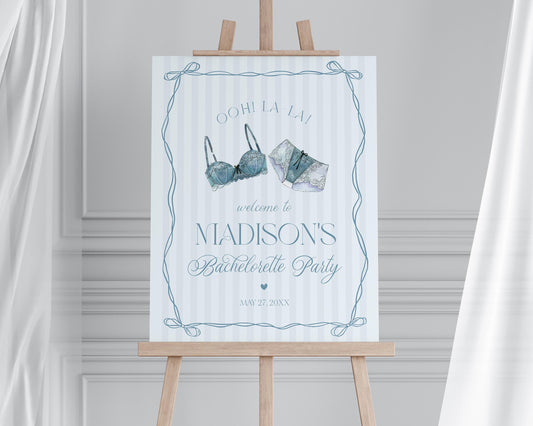 Blue Lingerie Bachelorette Party Welcome Sign Template, Something Blue Lace Panty Party Lingerie Shower Oh la la French Bridal Shower WP1075