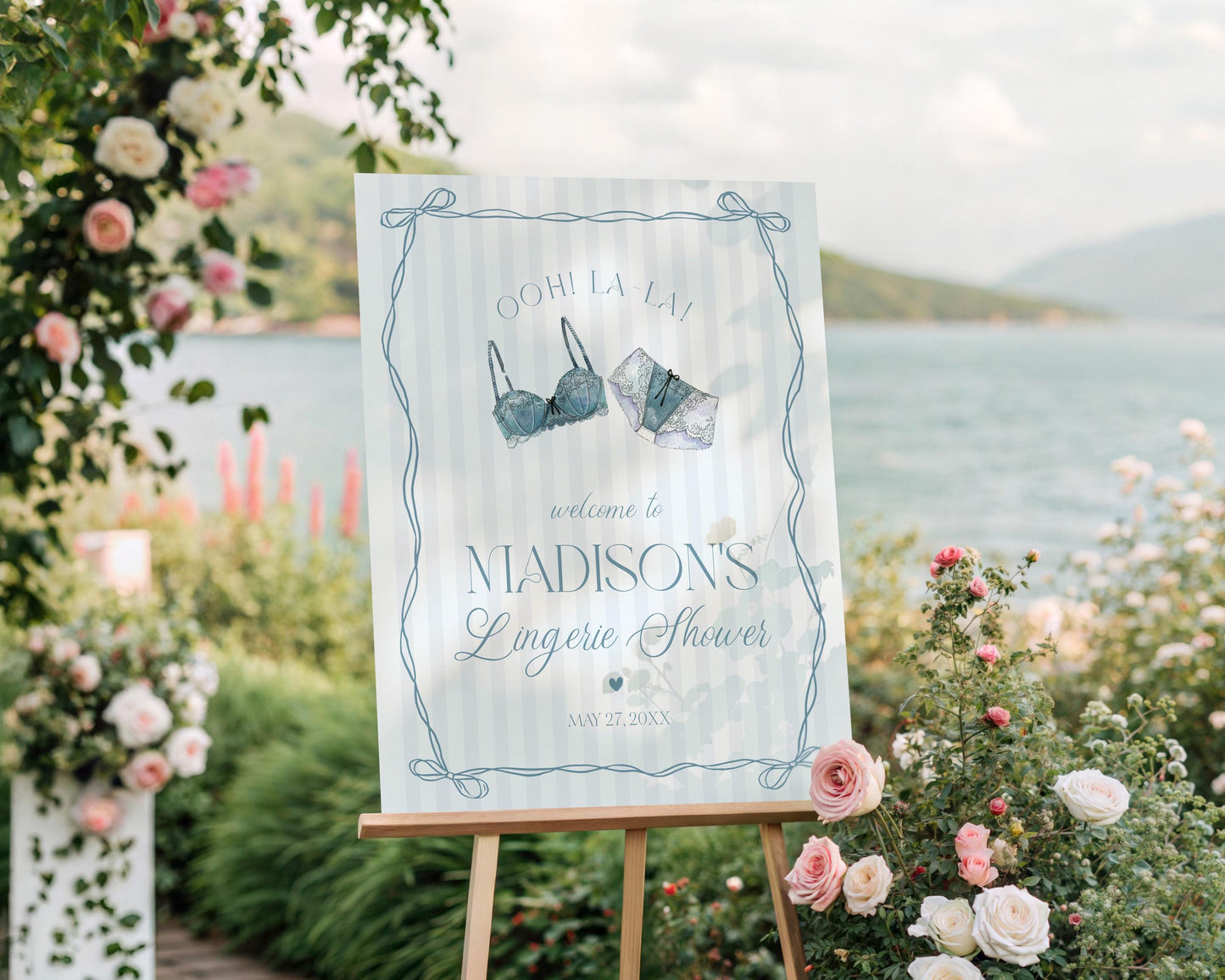 Blue Lingerie Shower Welcome Sign Template, Something Blue Lace Panty Party Bachelorette Party, Oh la la French Bridal Shower WP1075