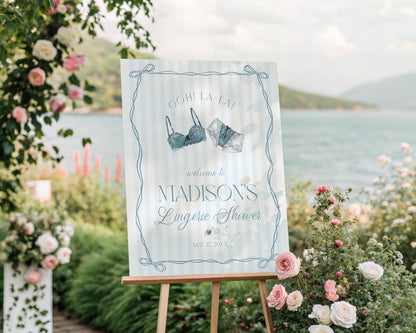 Blue Lingerie Shower Welcome Sign Template, Something Blue Lace Panty Party Bachelorette Party, Oh la la French Bridal Shower WP1075