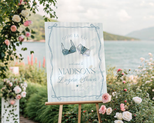 Blue Lingerie Shower Welcome Sign Template, Something Blue Lace Panty Party Bachelorette Party, Oh la la French Bridal Shower WP1075
