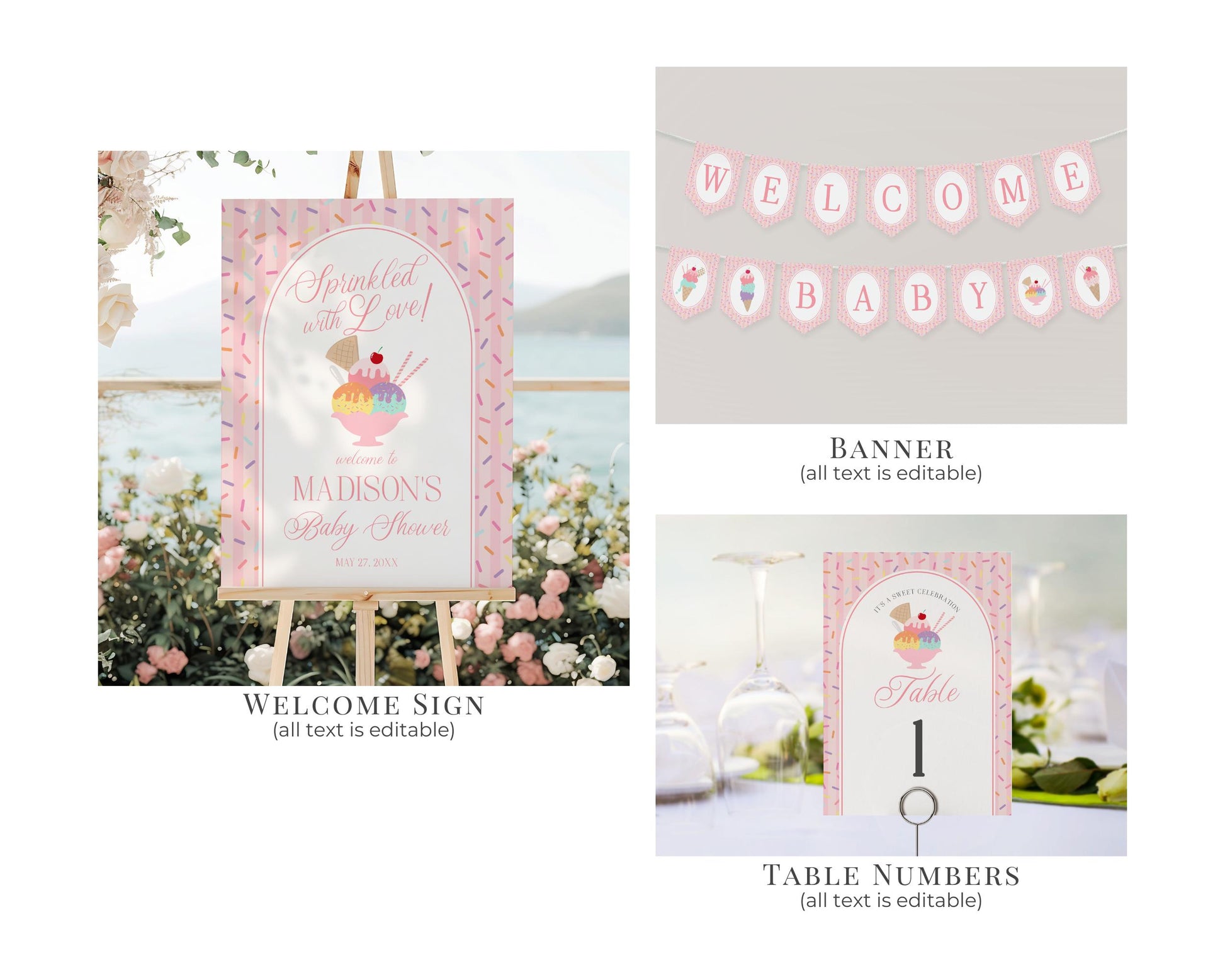 Ice Cream Sundae Baby Shower Bundle Printable Template, Sprinkled with Love Baby Sprinkle, Sweet One Nesting Party Decor WP1073