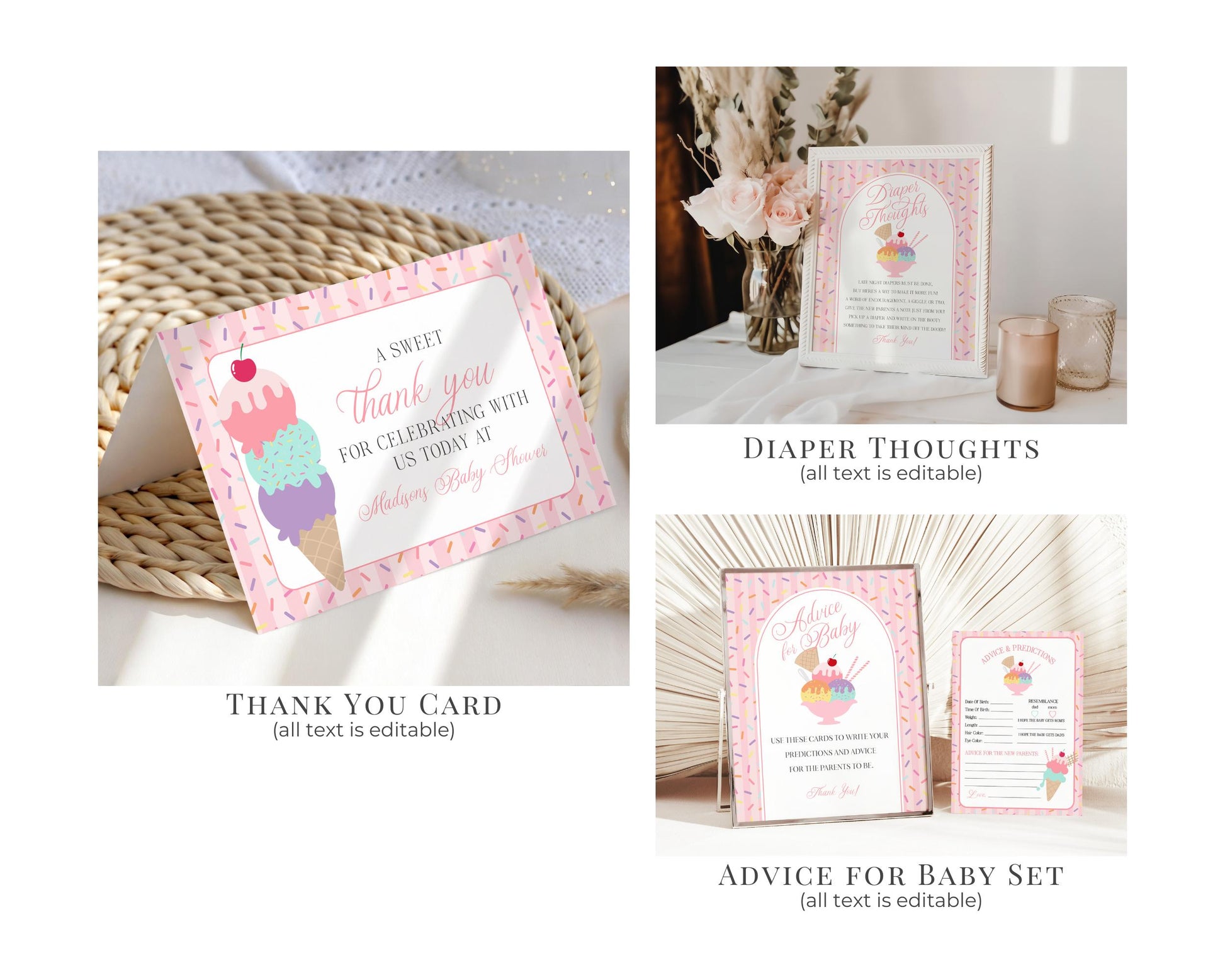 Ice Cream Sundae Baby Shower Bundle Printable Template, Sprinkled with Love Baby Sprinkle, Sweet One Nesting Party Decor WP1073