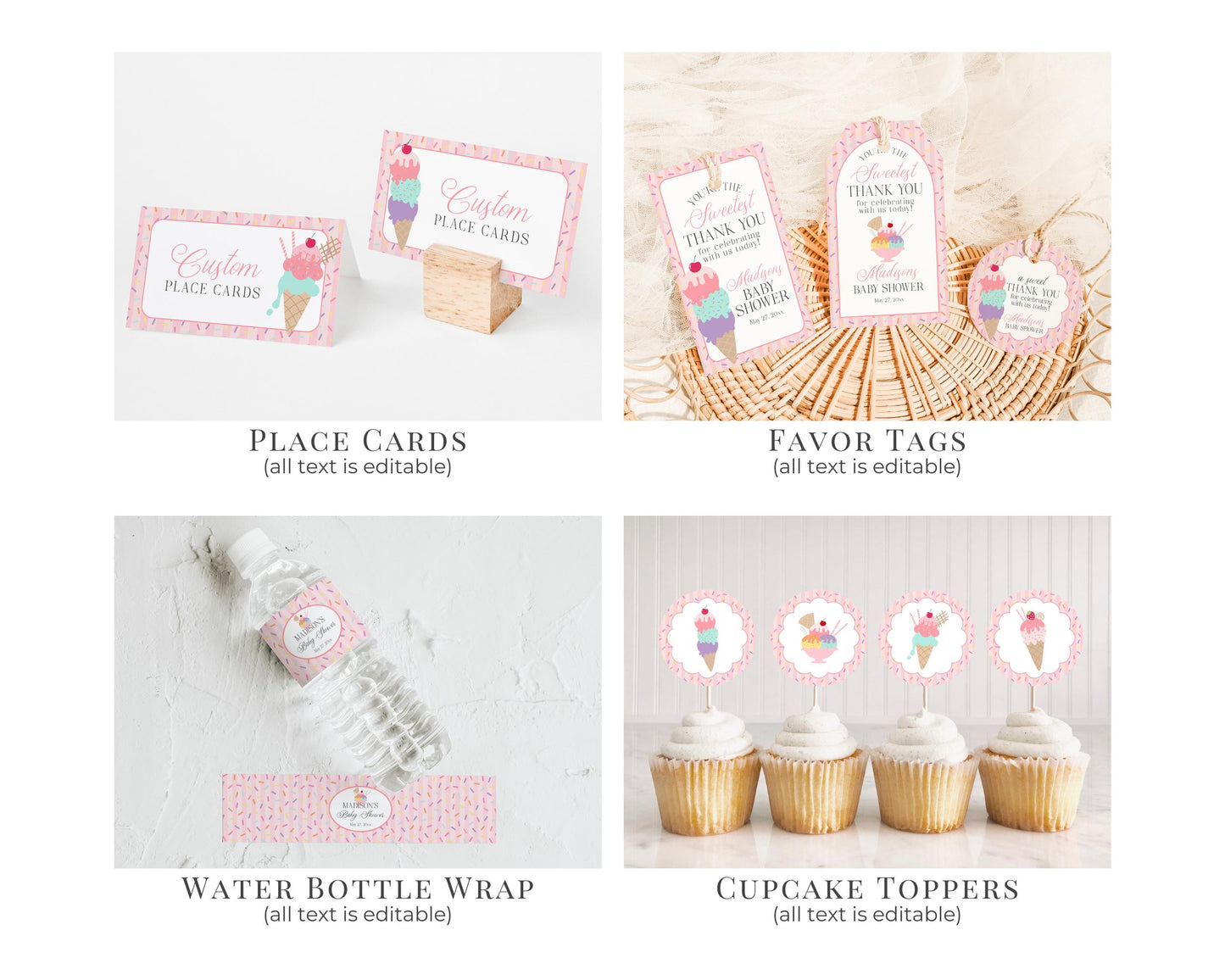 Ice Cream Sundae Baby Shower Bundle Printable Template, Sprinkled with Love Baby Sprinkle, Sweet One Nesting Party Decor WP1073