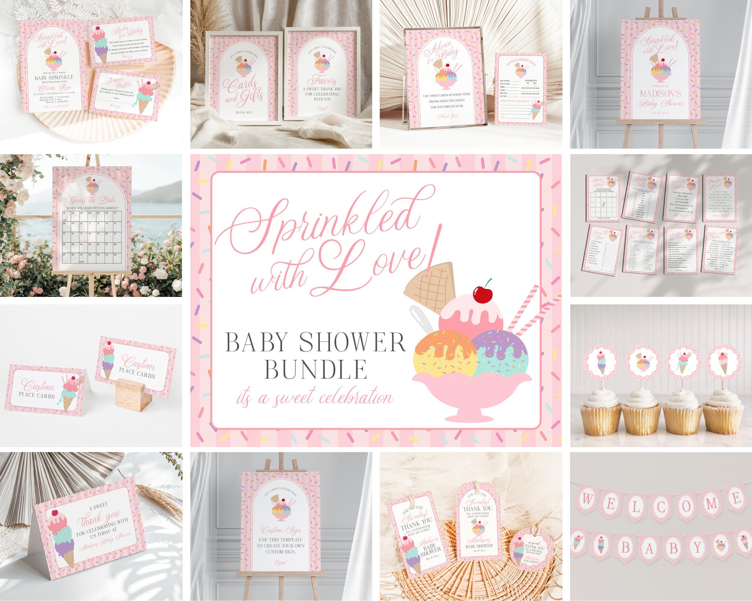 Ice Cream Sundae Baby Shower Bundle Printable Template, Sprinkled with Love Baby Sprinkle, Sweet One Nesting Party Decor WP1073