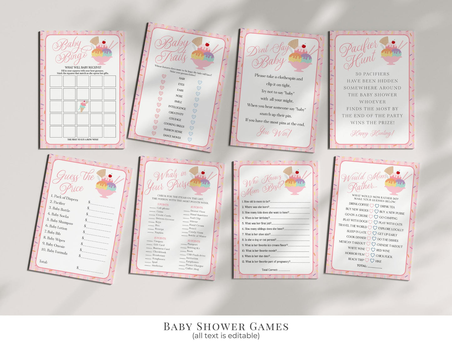 Ice Cream Sundae Baby Shower Bundle Printable Template, Sprinkled with Love Baby Sprinkle, Sweet One Nesting Party Decor WP1073