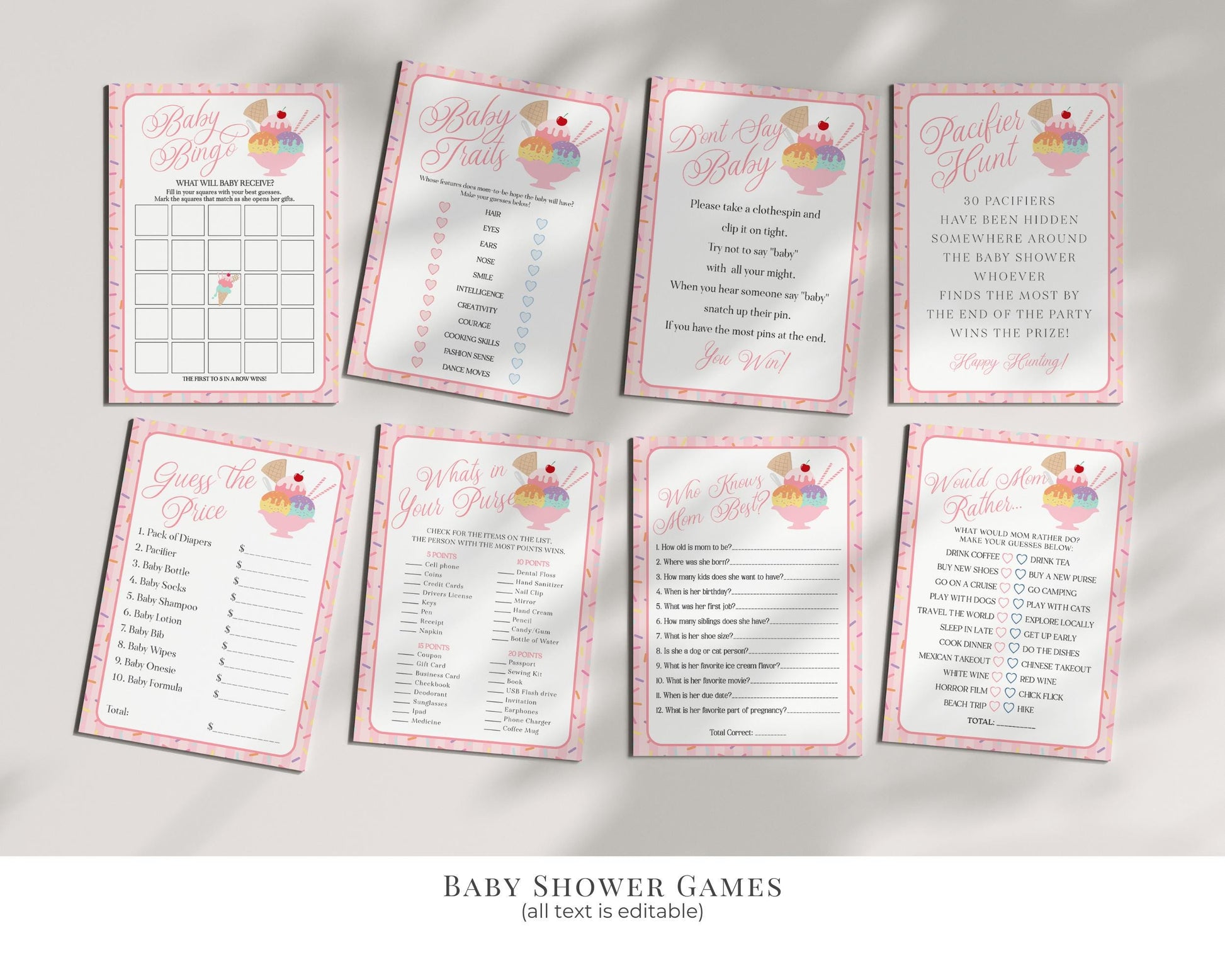 Ice Cream Sundae Baby Shower Bundle Printable Template, Sprinkled with Love Baby Sprinkle, Sweet One Nesting Party Decor WP1073