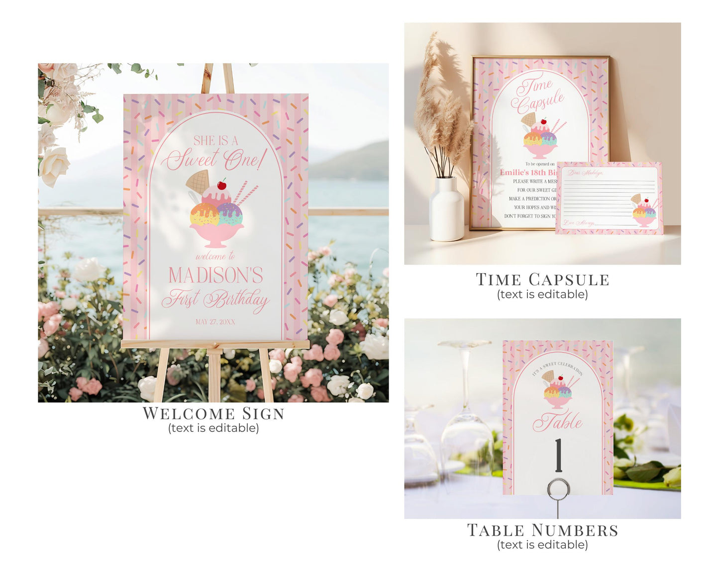 Ice Cream Sundae First Birthday Bundle Printable Template, Sweet One First Birthday, Pastel Sprinkles Party Decor WP1073