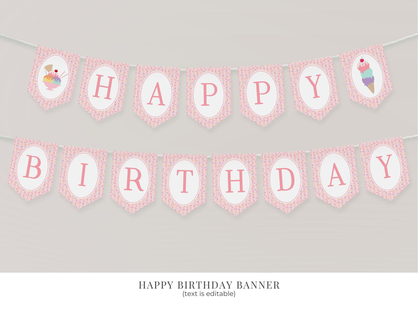 Ice Cream Sundae First Birthday Bundle Printable Template, Sweet One First Birthday, Pastel Sprinkles Party Decor WP1073