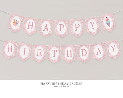 Ice Cream Sundae First Birthday Bundle Printable Template, Sweet One First Birthday, Pastel Sprinkles Party Decor WP1073