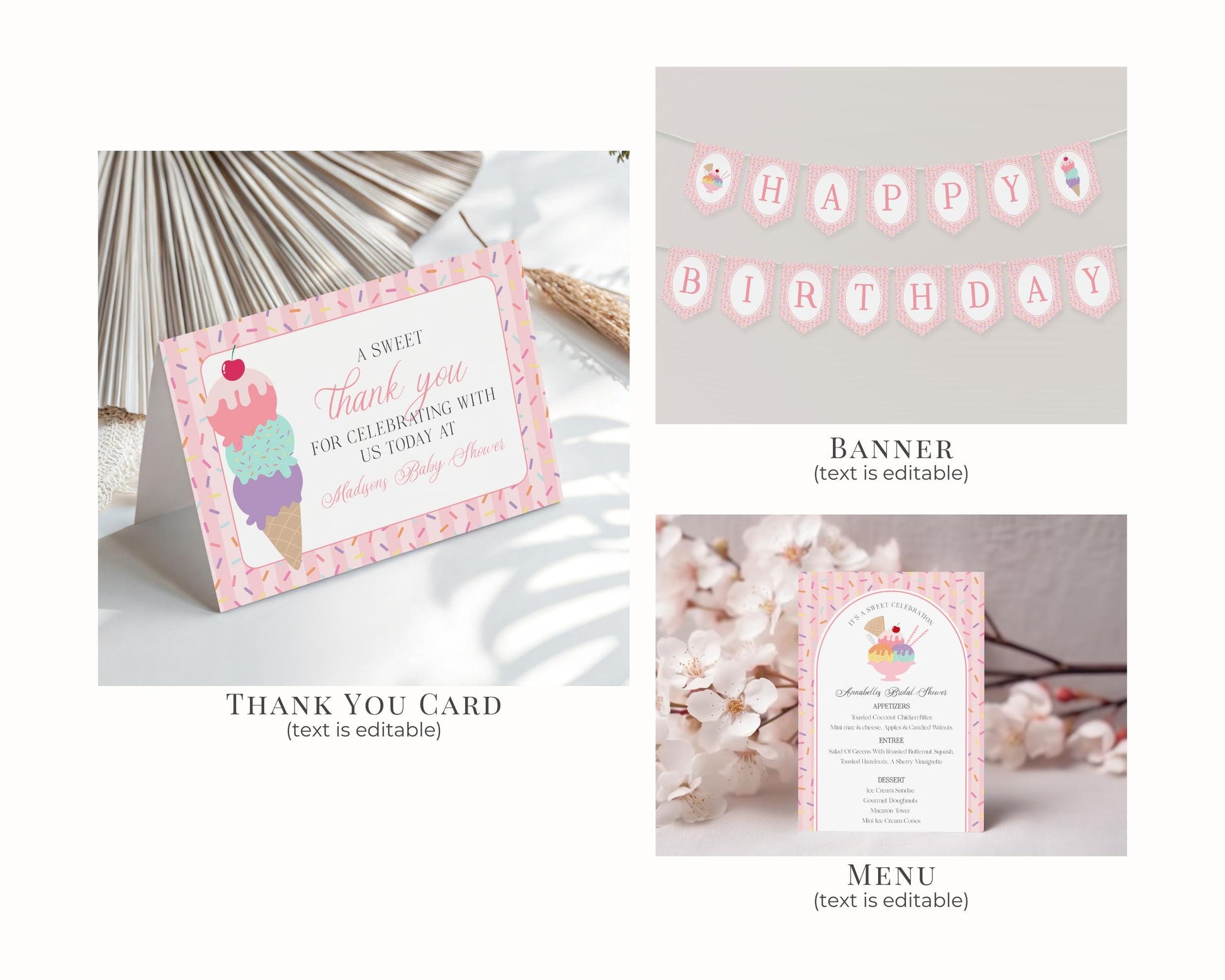 Ice Cream Sundae Birthday Bundle Printable Template, Here’s the Scoop Birthday Celebration, Pastel Sprinkles Party Decor WP1073