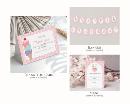 Ice Cream Sundae Birthday Bundle Printable Template, Here’s the Scoop Birthday Celebration, Pastel Sprinkles Party Decor WP1073