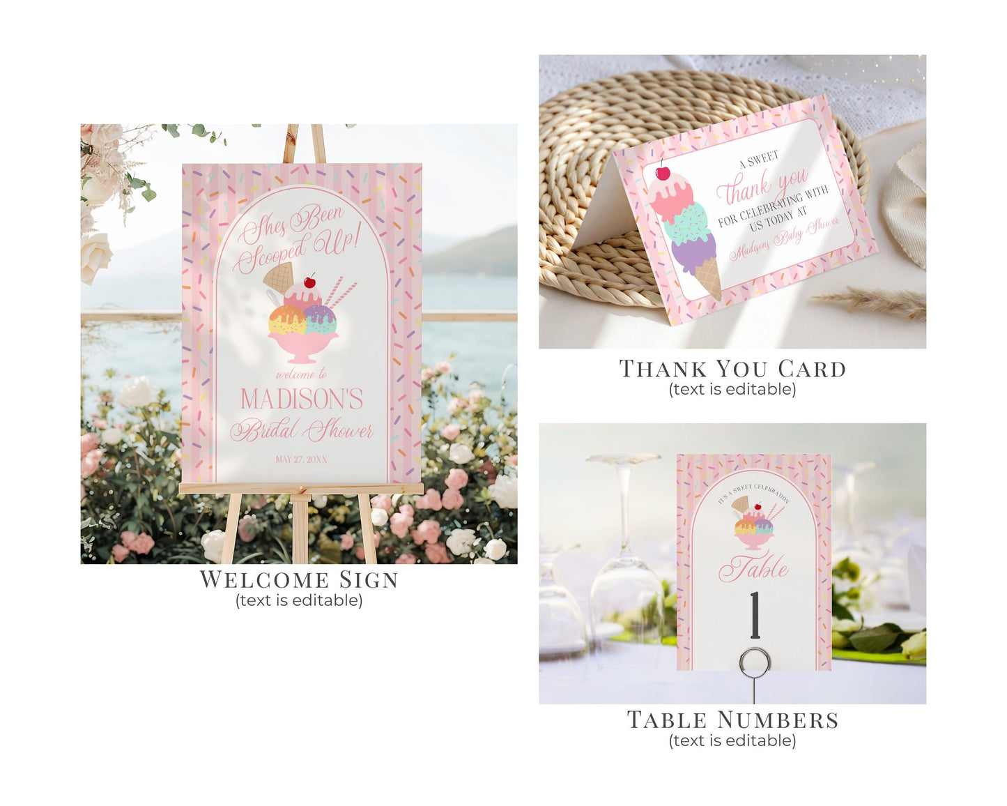 Ice Cream Sundae Bridal Shower Bundle Printable Template, She's Been Scooped Up Bridal Brunch, Pastel Sprinkle Engagement Party WP1073
