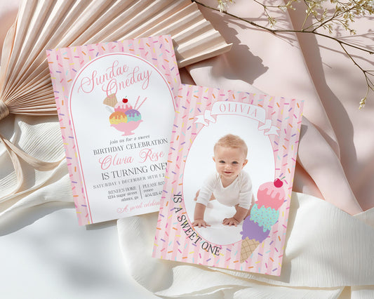 Ice Cream Sundae 1st Birthday Invite Printable Template, Sundae Oneday Sweet One First Birthday, Pastel Sprinkles Party Decor WP1073