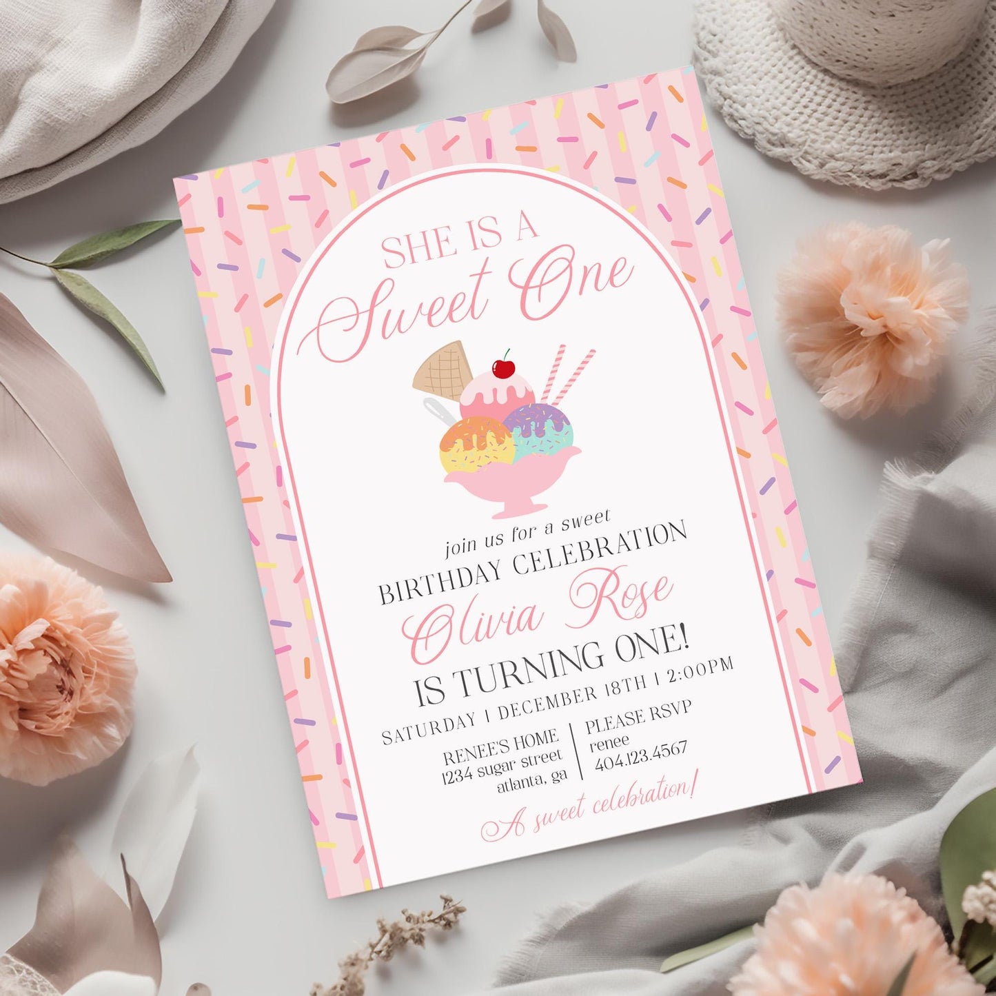 Ice Cream Sundae 1st Birthday Invite Printable Template, Sweet One First Birthday, Pastel Sprinkles Party Decor WP1073