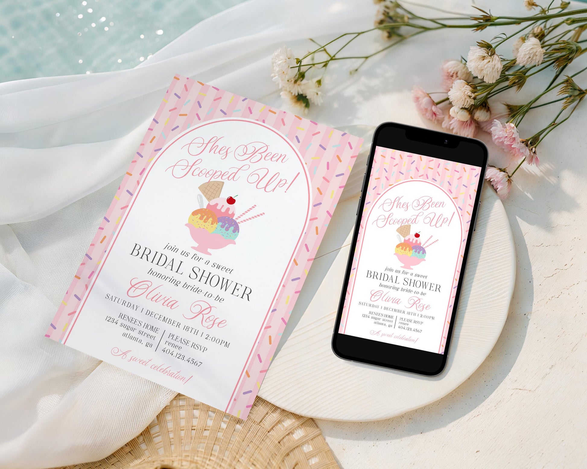 Ice Cream Sundae Bridal Shower Invitation Printable Template, She’s Been Scooped Up Bridal Brunch, Pastel Sprinkle Engagement Party WP1073