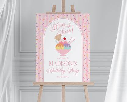 Ice Cream Sundae Birthday Welcome Sign Template, Here’s the Scoop Birthday Celebration, Pastel Sprinkles Party Decor WP1073