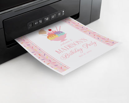 Ice Cream Sundae Birthday Welcome Sign Template, Here’s the Scoop Birthday Celebration, Pastel Sprinkles Party Decor WP1073