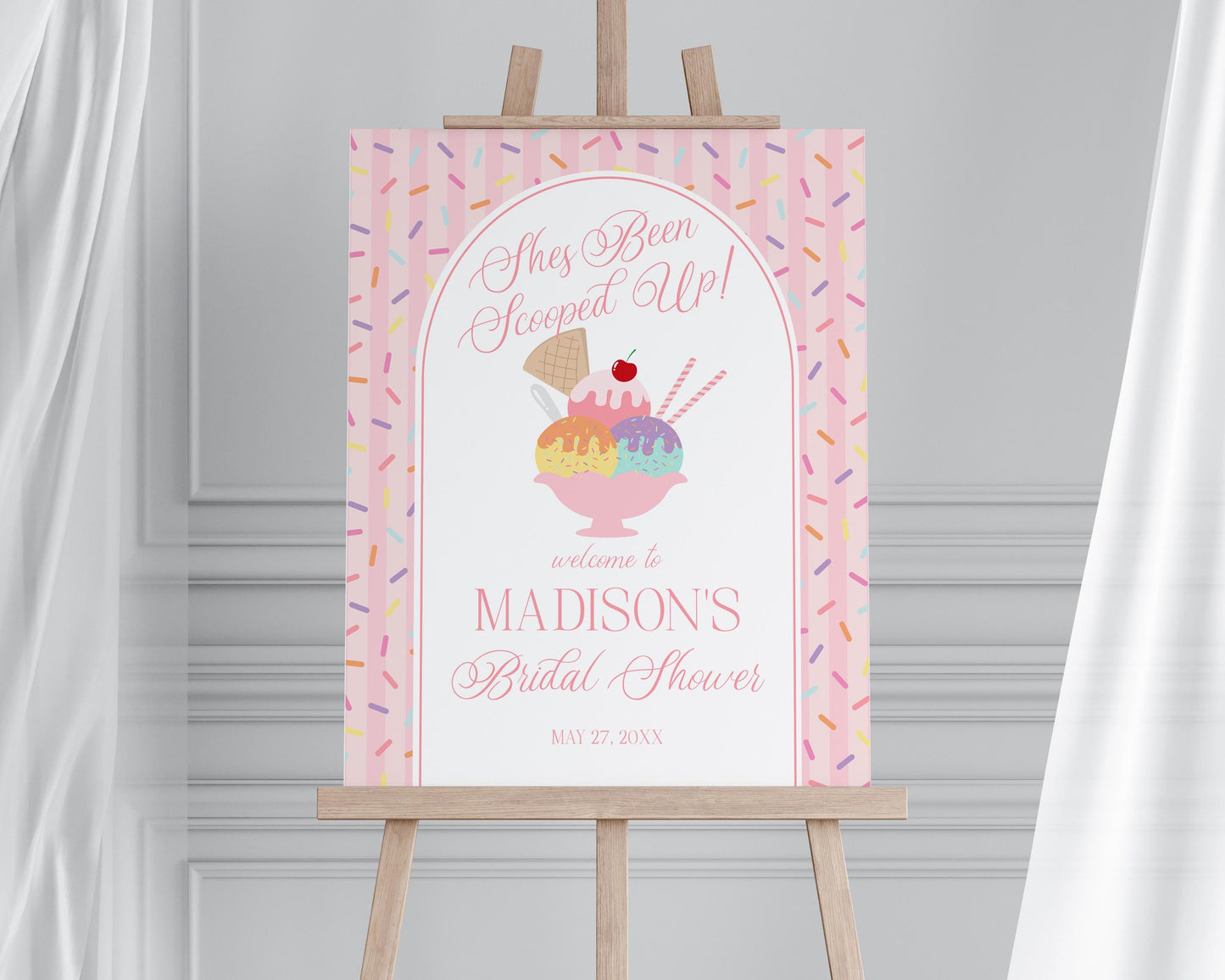 Ice Cream Sundae Bridal Shower Welcome Sign Printable Template, She’s Been Scooped Up Bridal Brunch, Pastel Sprinkle Engagement Party WP1073