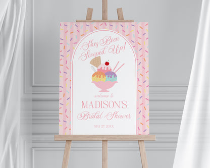 Ice Cream Sundae Bridal Shower Welcome Sign Printable Template, She’s Been Scooped Up Bridal Brunch, Pastel Sprinkle Engagement Party WP1073