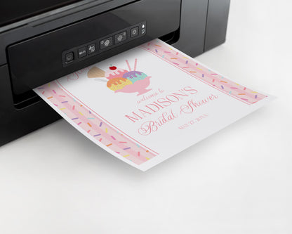 Ice Cream Sundae Bridal Shower Welcome Sign Printable Template, She’s Been Scooped Up Bridal Brunch, Pastel Sprinkle Engagement Party WP1073