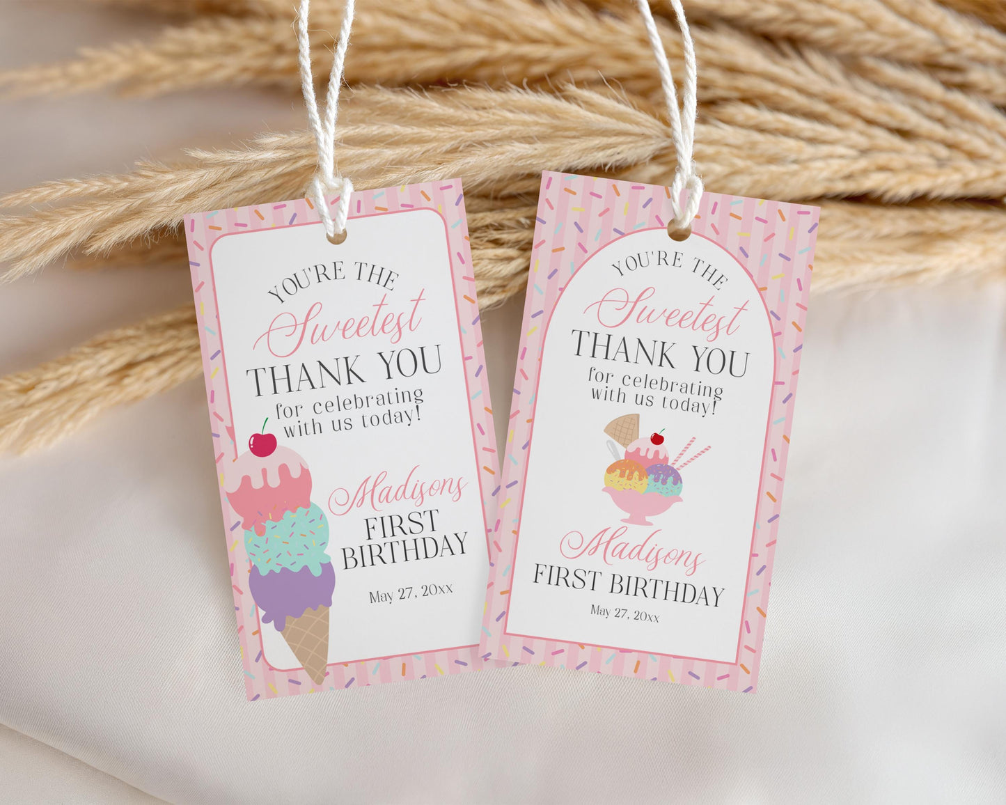 Ice Cream Sundae Birthday Party Favor Tags Template, Here’s the Scoop Birthday Celebration, Pastel Sweet One 1st Birthday Party WP1073