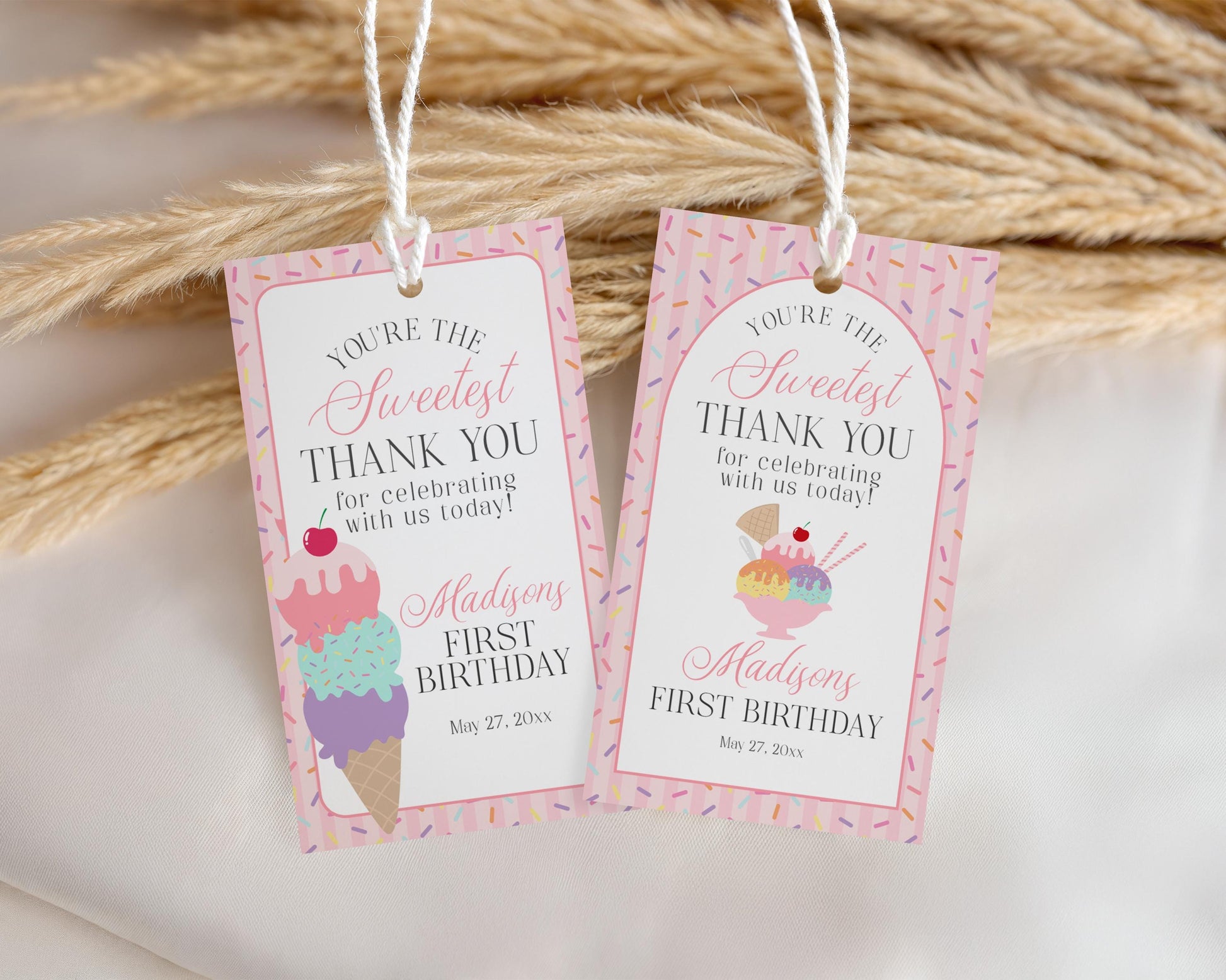 Ice Cream Sundae Birthday Party Favor Tags Template, Here’s the Scoop Birthday Celebration, Pastel Sweet One 1st Birthday Party WP1073