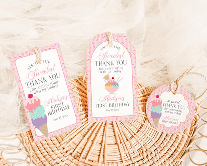 Ice Cream Sundae Birthday Party Favor Tags Template, Here’s the Scoop Birthday Celebration, Pastel Sweet One 1st Birthday Party WP1073