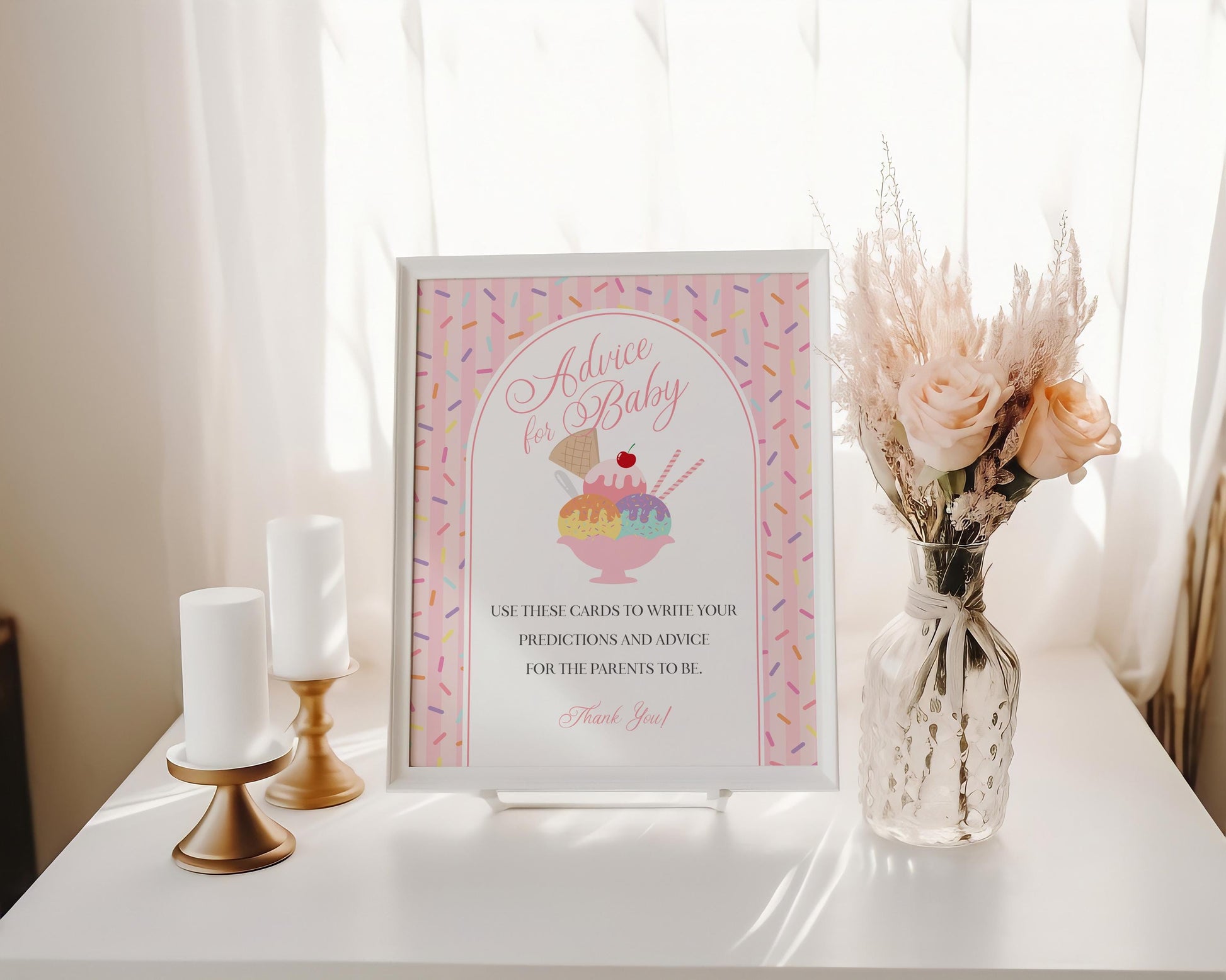 Ice Cream Sundae Advice for Baby Cards Template, Sprinkled with Love Baby Sprinkle, Sweet One Nesting Party Decor WP1073