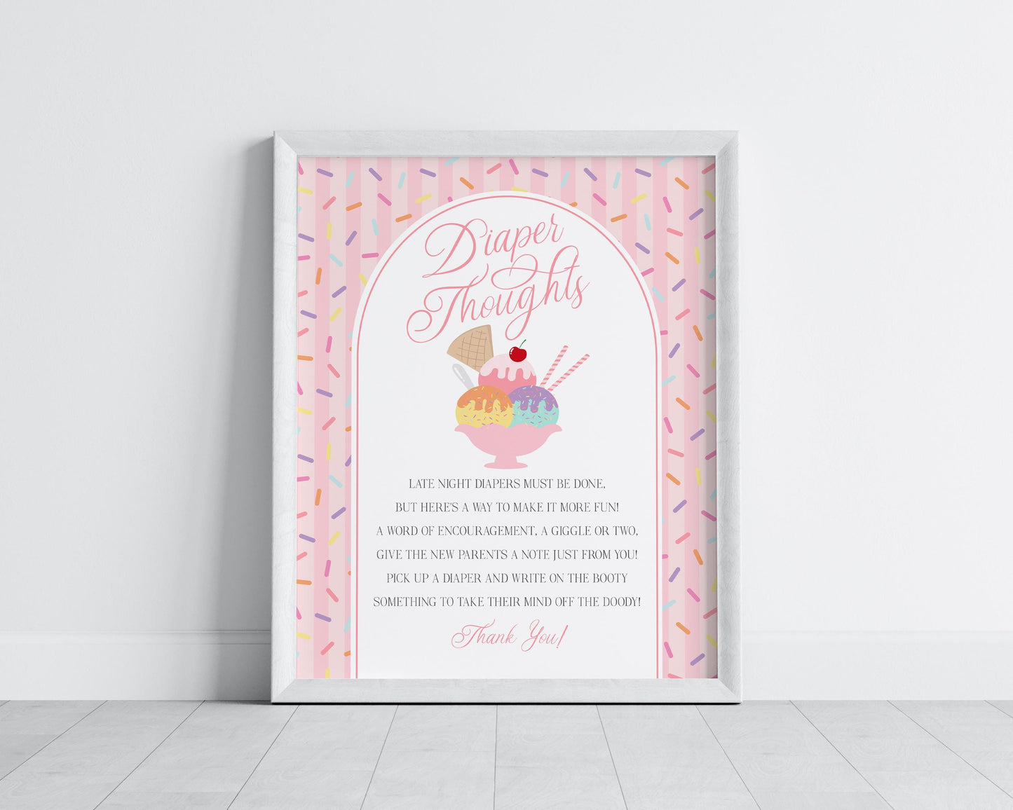 Ice Cream Sundae Baby Shower Diaper Thoughts Sign Template, Sprinkled with Love Baby Sprinkle, Sweet One Nesting Party Decor WP1073