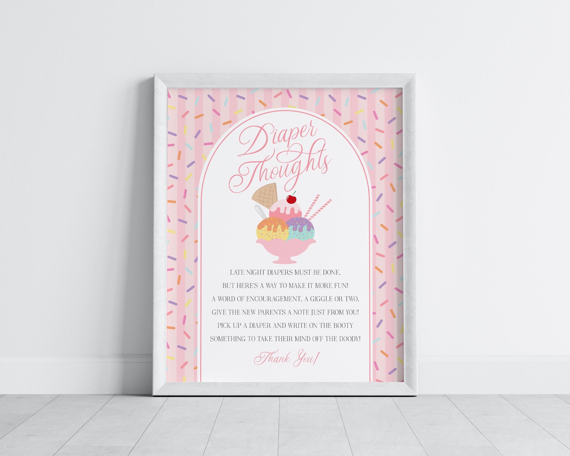 Ice Cream Sundae Baby Shower Diaper Thoughts Sign Template, Sprinkled with Love Baby Sprinkle, Sweet One Nesting Party Decor WP1073