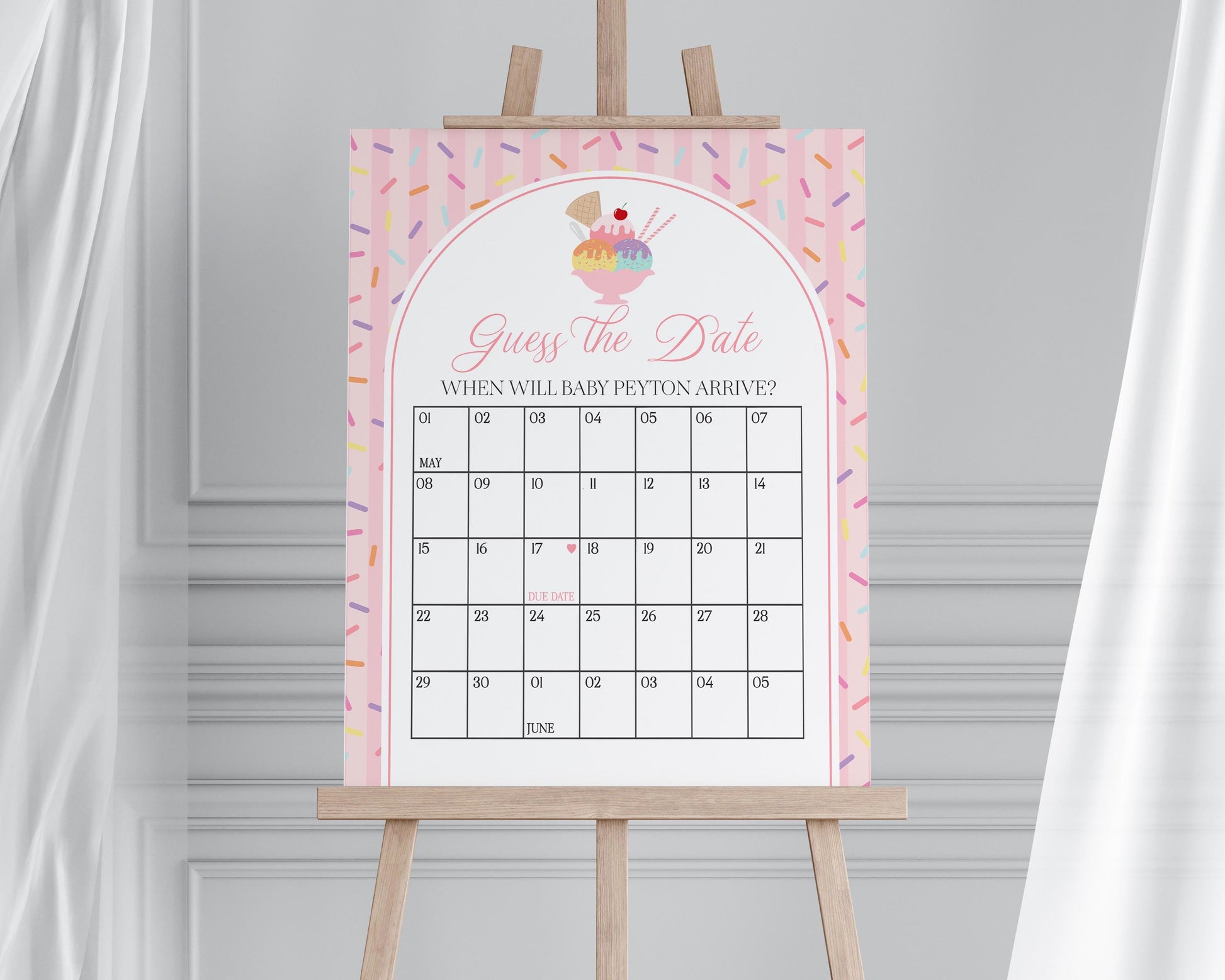 Ice Cream Sundae Baby Shower Guess the Date Game Template, Sprinkled with Love Baby Sprinkle, Sweet One Nesting Party Decor WP1073