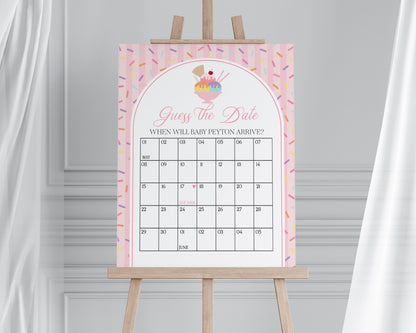 Ice Cream Sundae Baby Shower Guess the Date Game Template, Sprinkled with Love Baby Sprinkle, Sweet One Nesting Party Decor WP1073