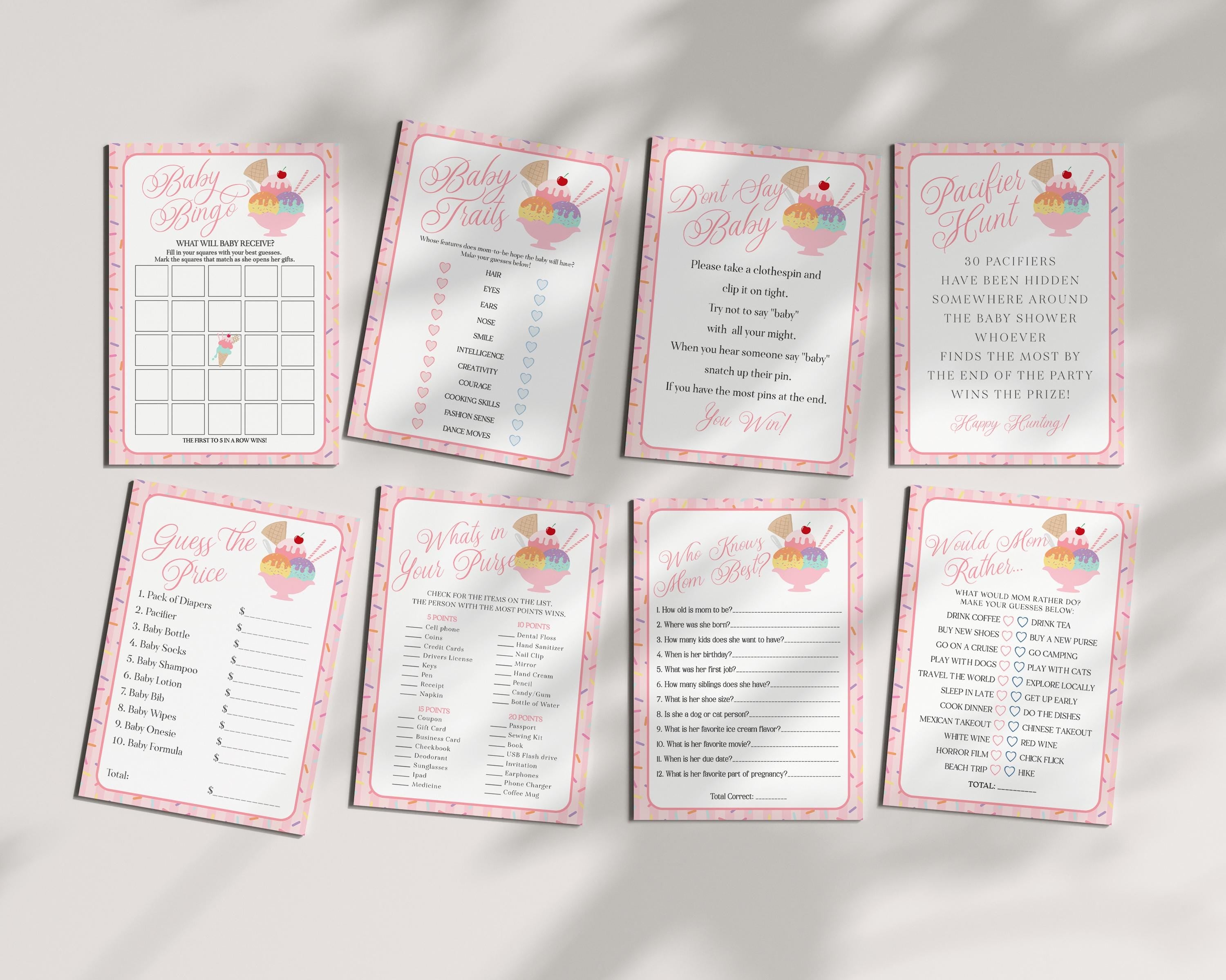 Ice Cream Sundae Baby Shower Games Template, Sprinkled with Love Baby Sprinkle, Sweet One Nesting Party Decor WP1073