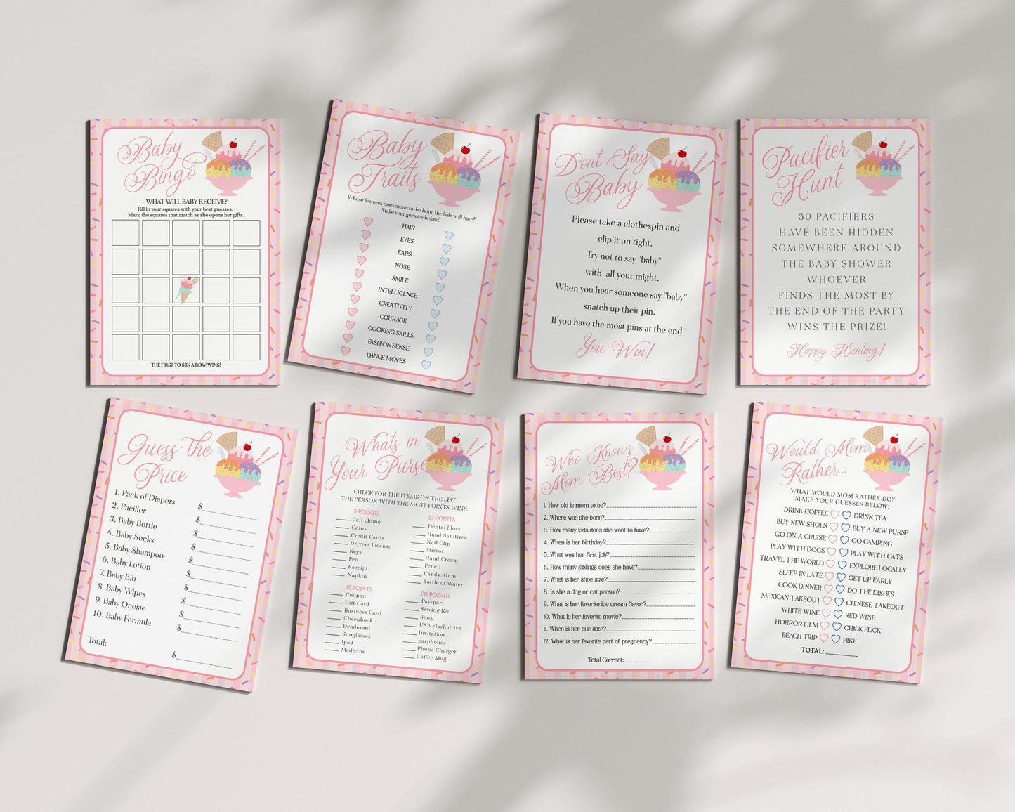 Ice Cream Sundae Baby Shower Games Template, Sprinkled with Love Baby Sprinkle, Sweet One Nesting Party Decor WP1073