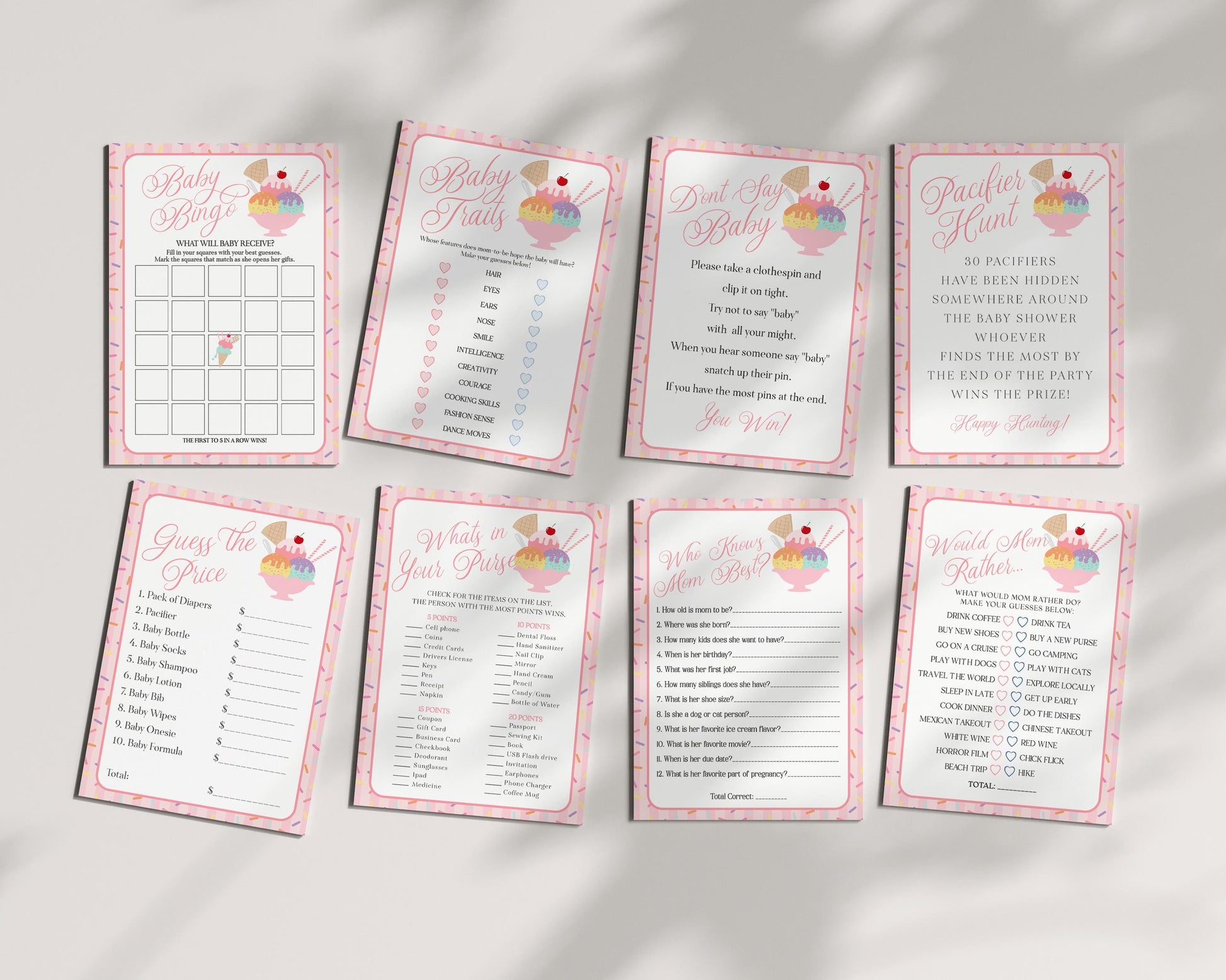 Ice Cream Sundae Baby Shower Games Template, Sprinkled with Love Baby Sprinkle, Sweet One Nesting Party Decor WP1073