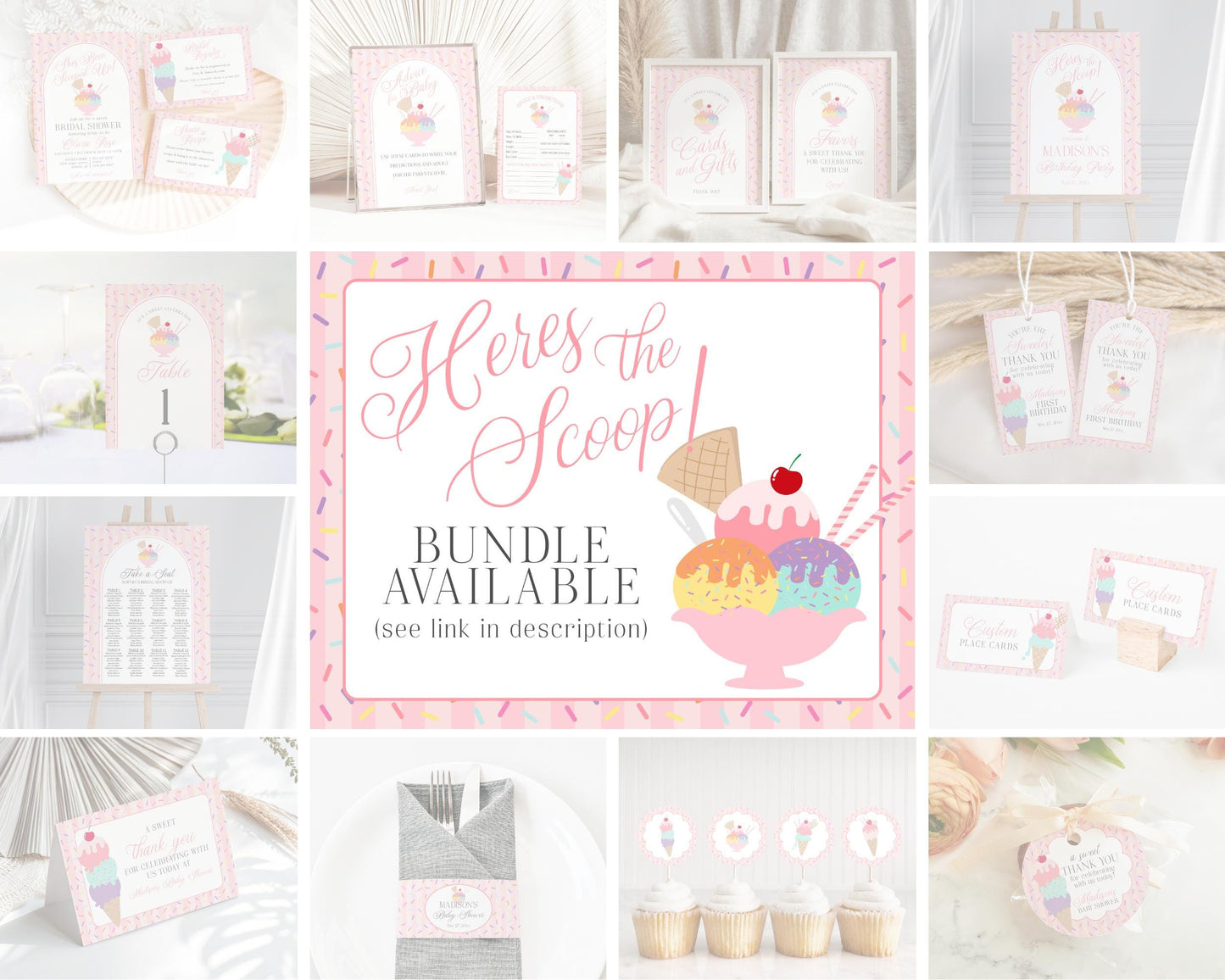 Ice Cream Sundae First Year Milestone Sign Printable Template, Sweet One First Birthday, Pastel Sprinkles Party Decor WP1073