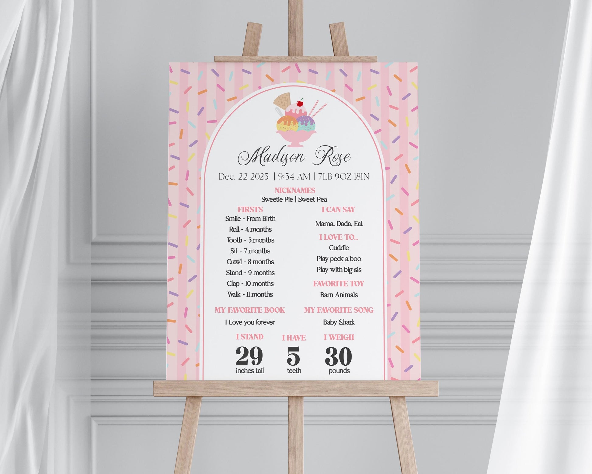 Ice Cream Sundae First Year Milestone Sign Printable Template, Sweet One First Birthday, Pastel Sprinkles Party Decor WP1073