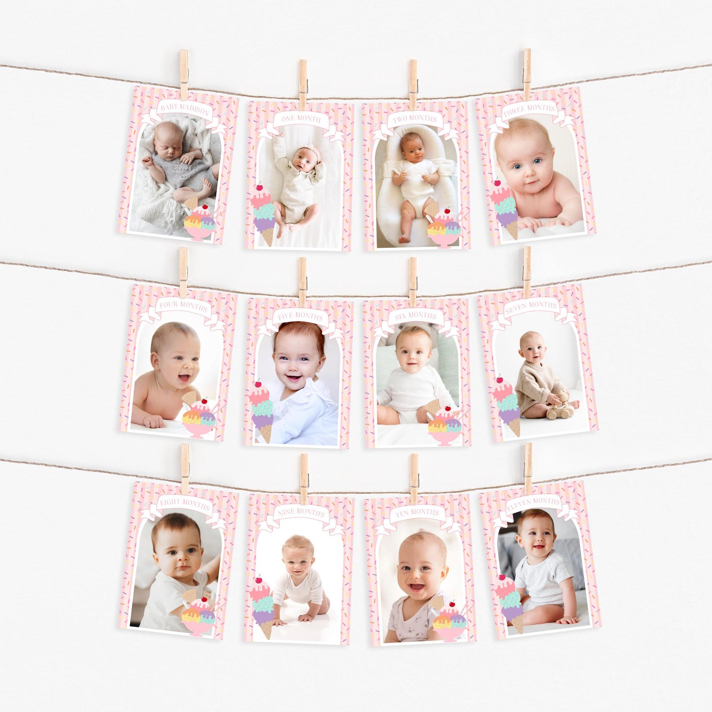 Ice Cream Sundae 1st Birthday Milestone Banner Template, Sweet One First Birthday, Pastel Sprinkles Party Decor WP1073