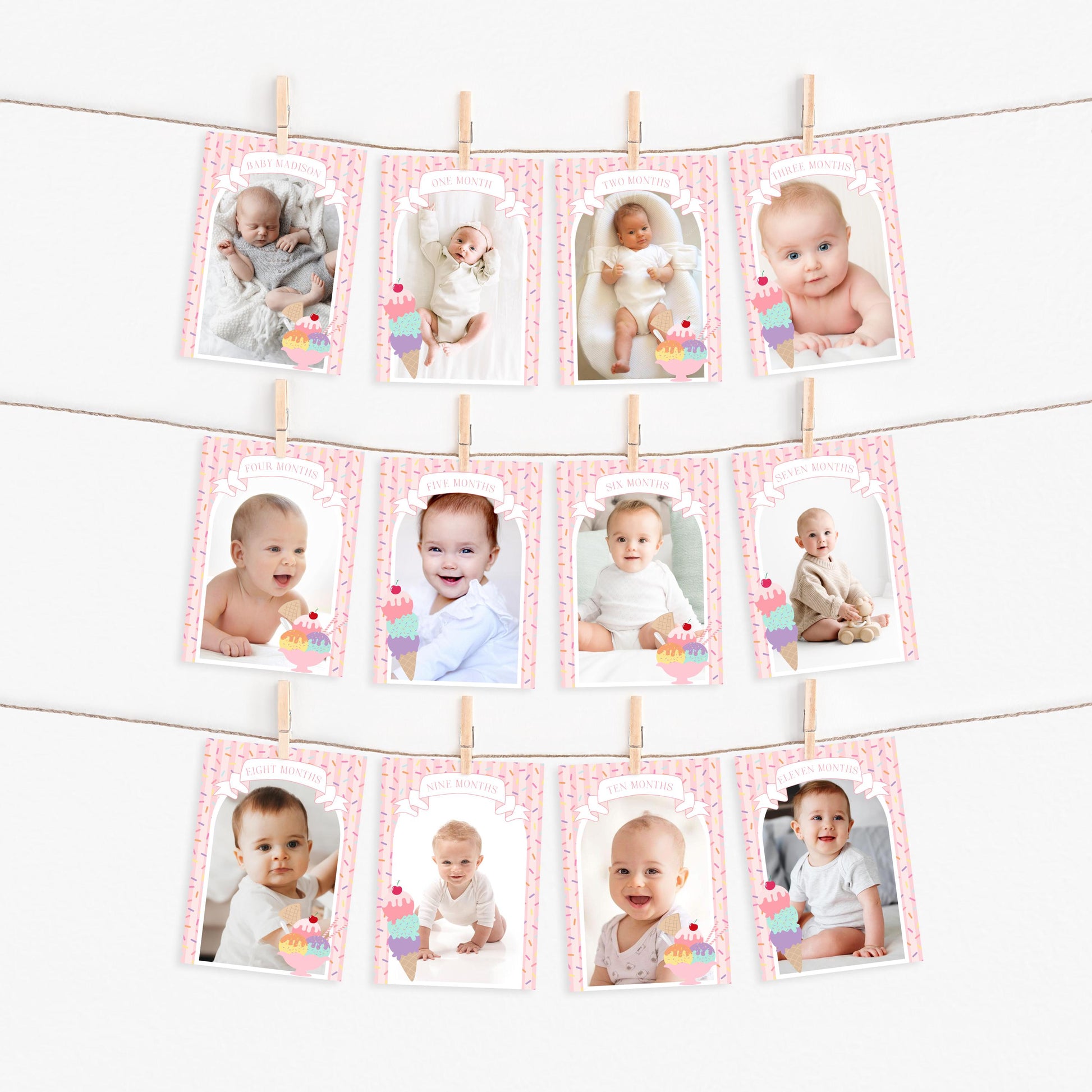 Ice Cream Sundae 1st Birthday Milestone Banner Template, Sweet One First Birthday, Pastel Sprinkles Party Decor WP1073