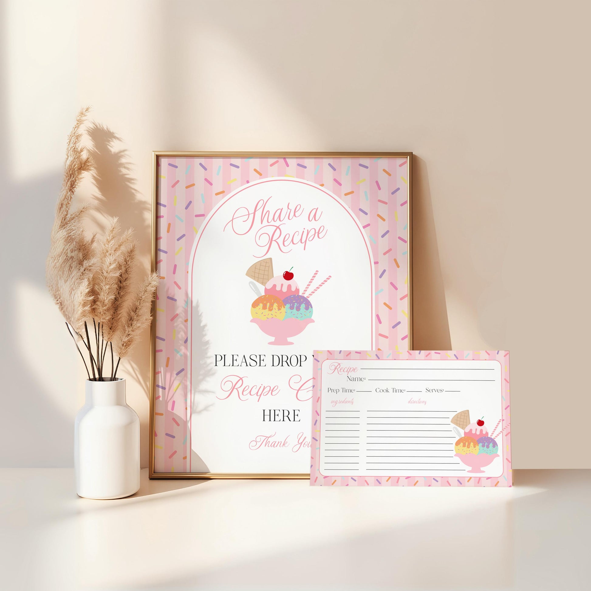 Ice Cream Sundae Recipe Card Bridal Shower Template, She’s Been Scooped Up Bridal Brunch, Pastel Sprinkle Engagement Party WP1073