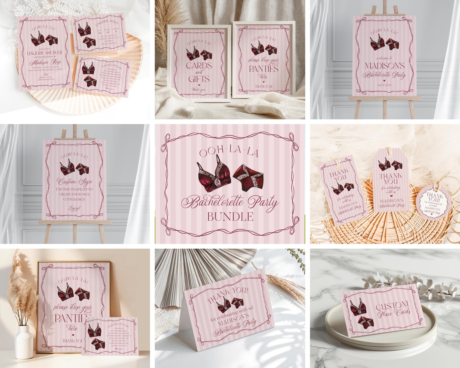 Burgundy Lingerie Bachelorette Bundle Template, Lace Panty Party Lingerie Shower, Oh la la French Bridal Shower, Spoil Her WP1076