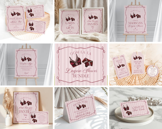 Burgundy Lingerie Lingerie Shower Bundle Template, Lace Panty Party Bachelorette Party, Oh la la French Bridal Shower, Spoil Her WP1076