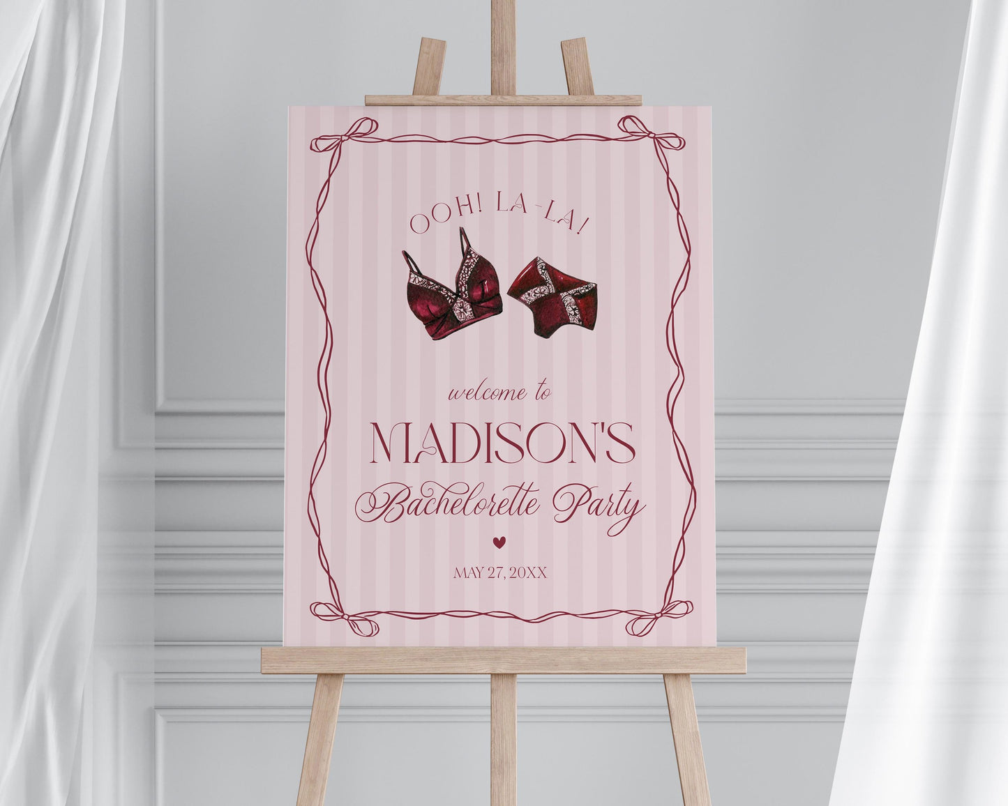 Burgundy Lingerie Bachelorette Party Welcome Sign Template, Lace Panty Party Lingerie Shower, Oh la la French Bridal Shower Spoil Her WP1076